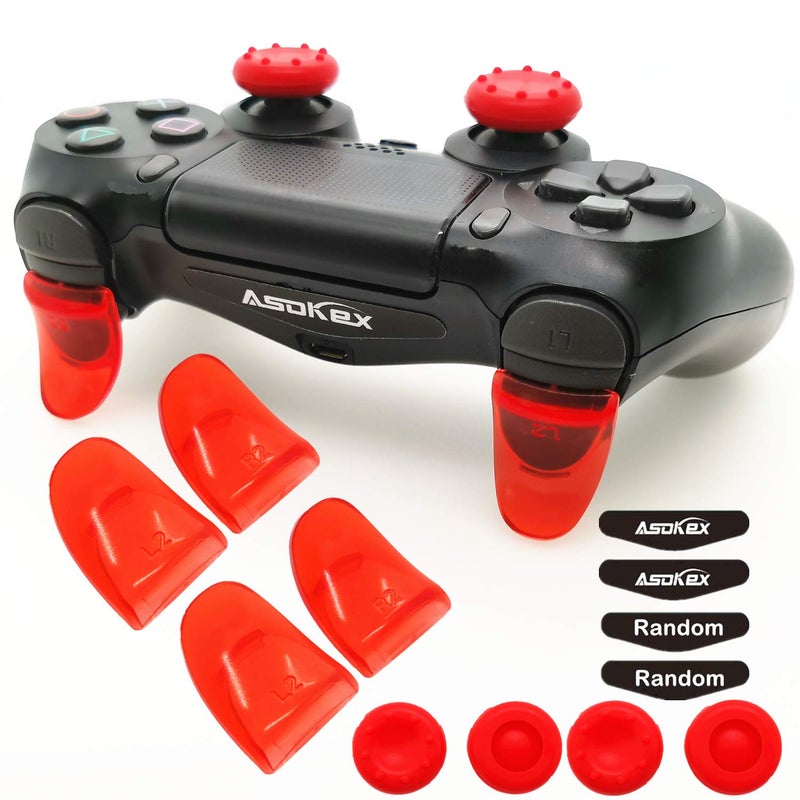 Asokex L2 R2 Ps4 Trigger Extenders (2 Pairs L2 R2 Triggers, 4pcs Joystick Cap, 2 Pairs LED Light Bar Decal) for Ps4 Controller(red) - Image 1